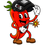 Image of the Core-X Hot red pepper mascot. Image shown is a red pepper cartoon character with a welding hood up, holding a torch and smiling.